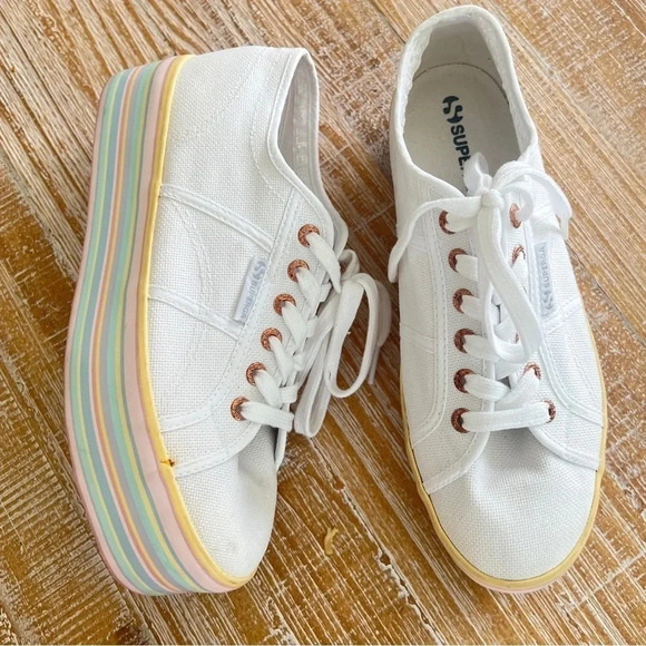 SUPERGA 2790 Platform sneakers white rainbow pastel stripes lace-up shoes - Picture 1 of 11